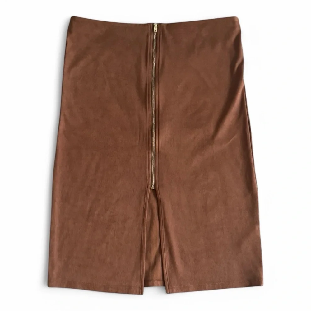 GUESS Brown Faux Suede Skirt Midi Zipper Vintage Y2K‎ Vibes Sexy Stretchy Size L